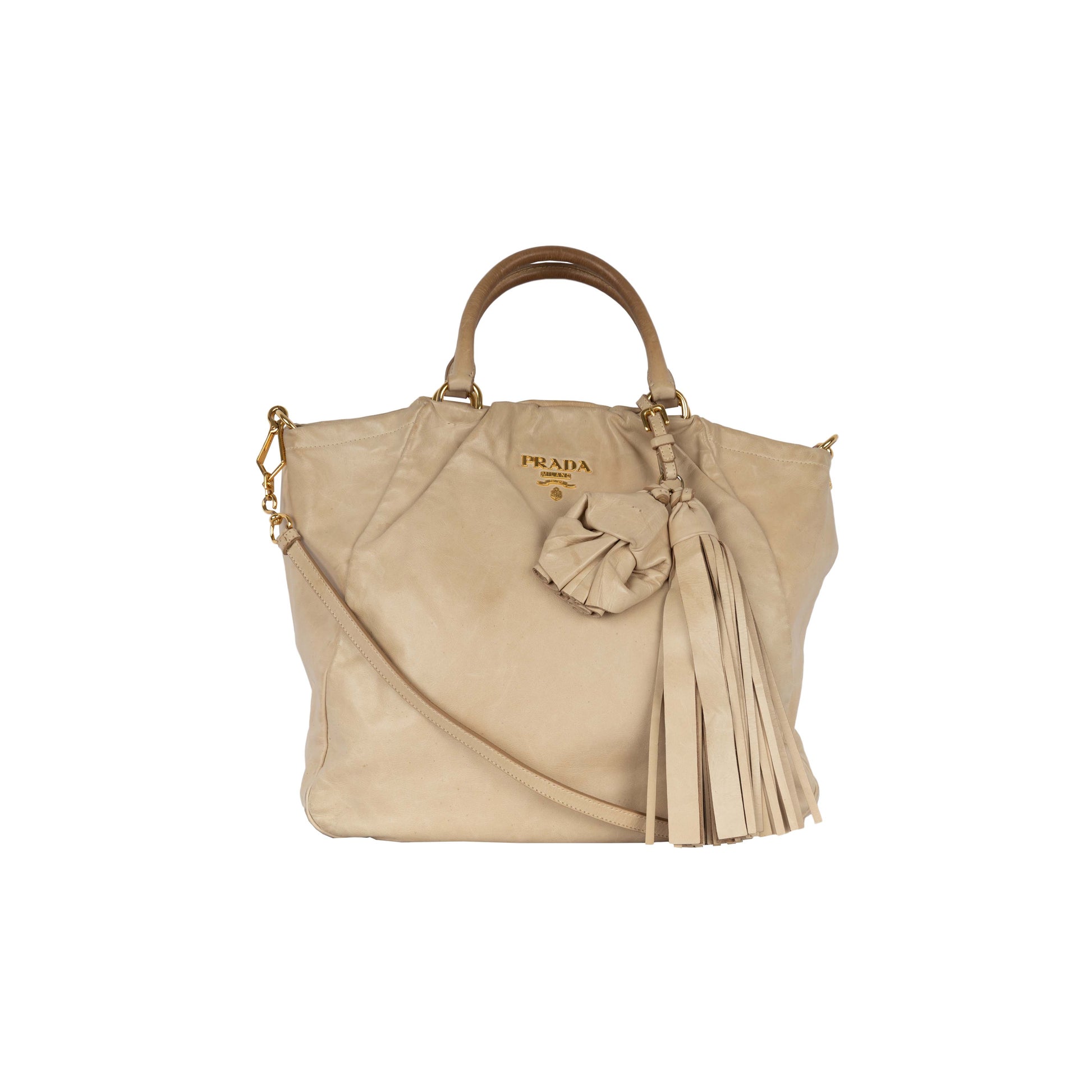 Prada Beige Leather Hobo HandBag with Strap