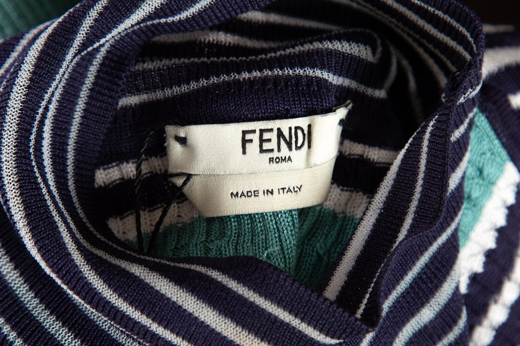 Fendi Teal and Blue Striped Mock Neck Cold Shoulder Top SZ 38