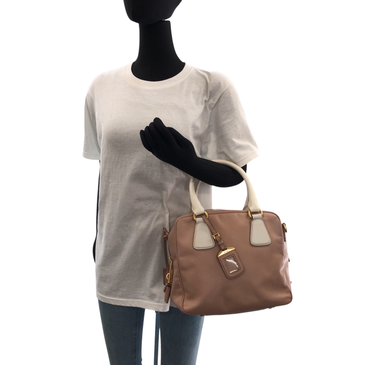 PRADA Shoulder Bag leather Pink White Gold Metal Safiano