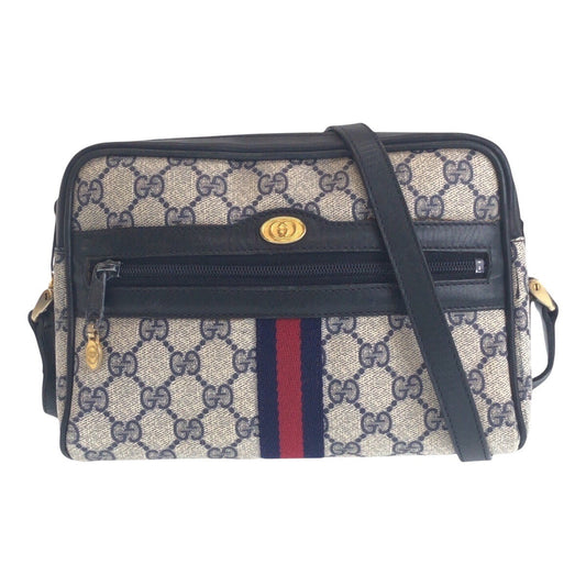 GUCCI Shoulder Bag 010 378 GG Supreme canvas, leather Gray Navy Gold Metal Shoulder Bag pochette Sherry Line Old Gucci Women