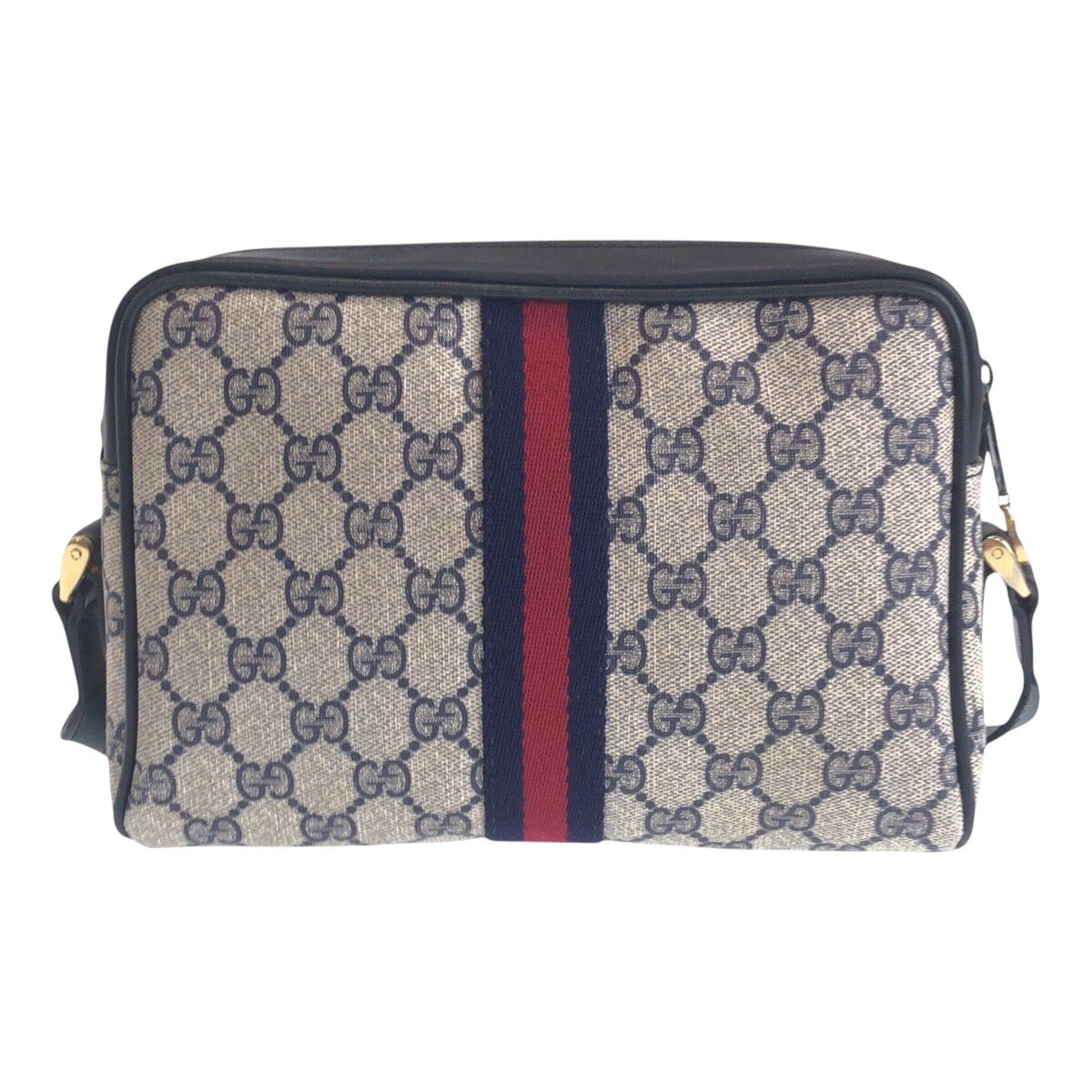 GUCCI Shoulder Bag 010 378 GG Supreme canvas, leather Gray Navy Gold Metal Shoulder Bag pochette Sherry Line Old Gucci Women
