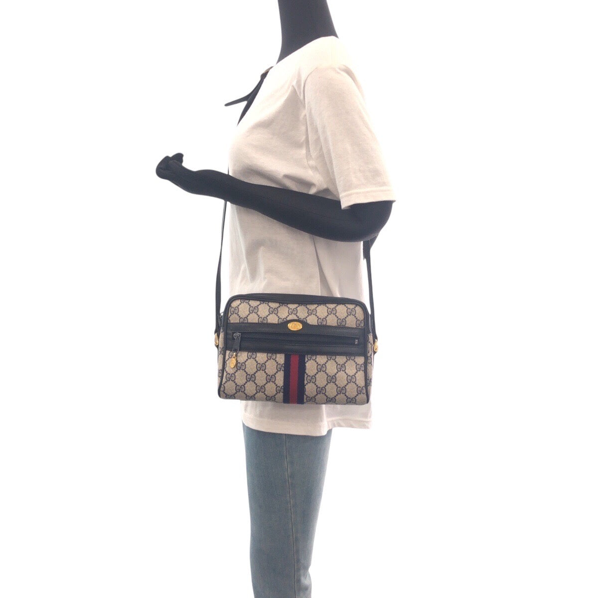 GUCCI Shoulder Bag 010 378 GG Supreme canvas, leather Gray Navy Gold Metal Shoulder Bag pochette Sherry Line Old Gucci Women