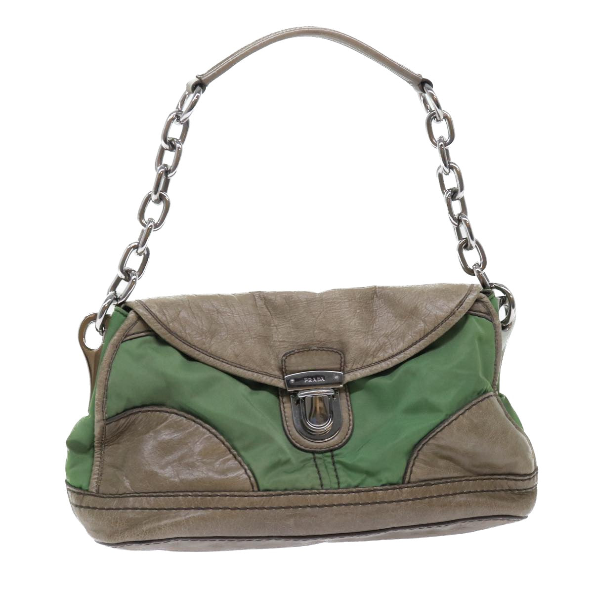 Prada Chain Hand Bag Nylon Leather Green