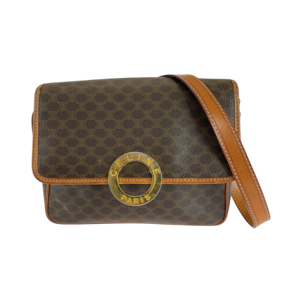 CELINE Shoulder Bag PVC Brown Gold Metal Shoulder Bag pochette Macadam Pattern Circle logo Women