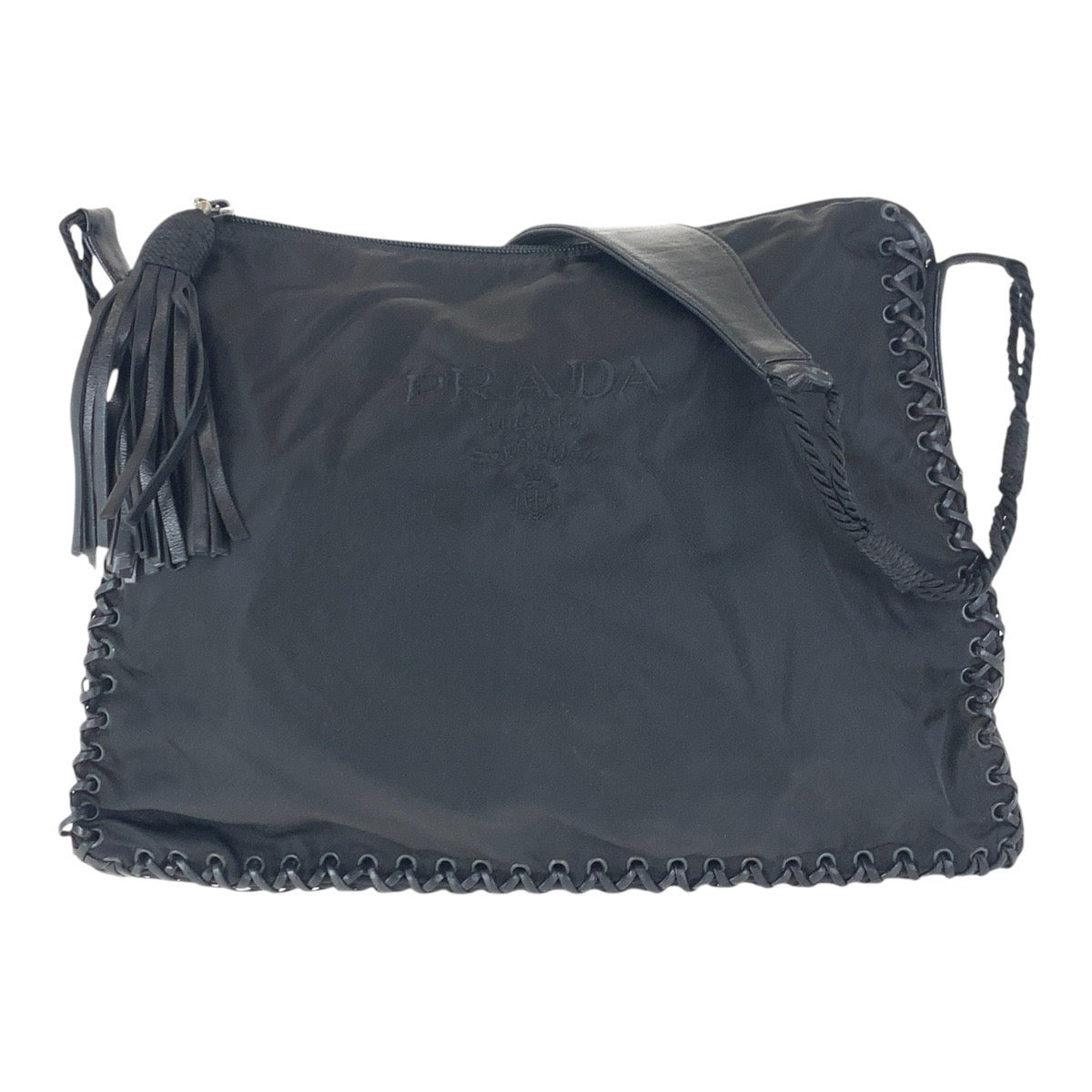 PRADA Shoulder Bag Nylon, Leather Black black Crossbody Shoulder Bag with Fringe Women