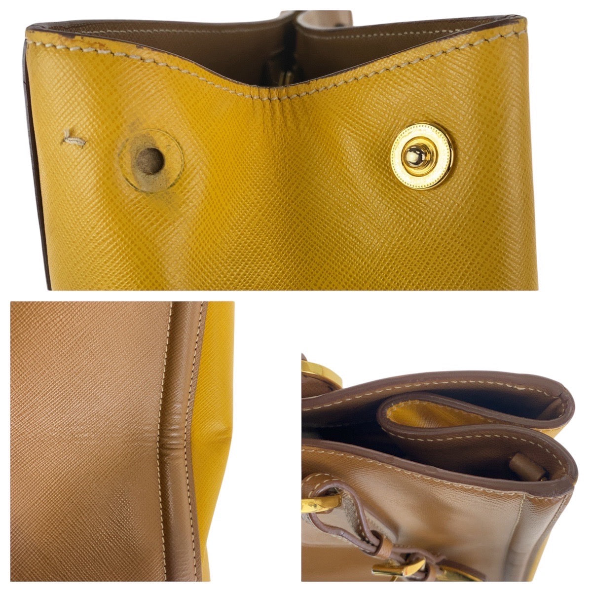 PRADA Tote Bag leather Brown Yellow Gold Metal Tote Bag Shoulder Bag 2WAY Safiano Triangle With logo Women
