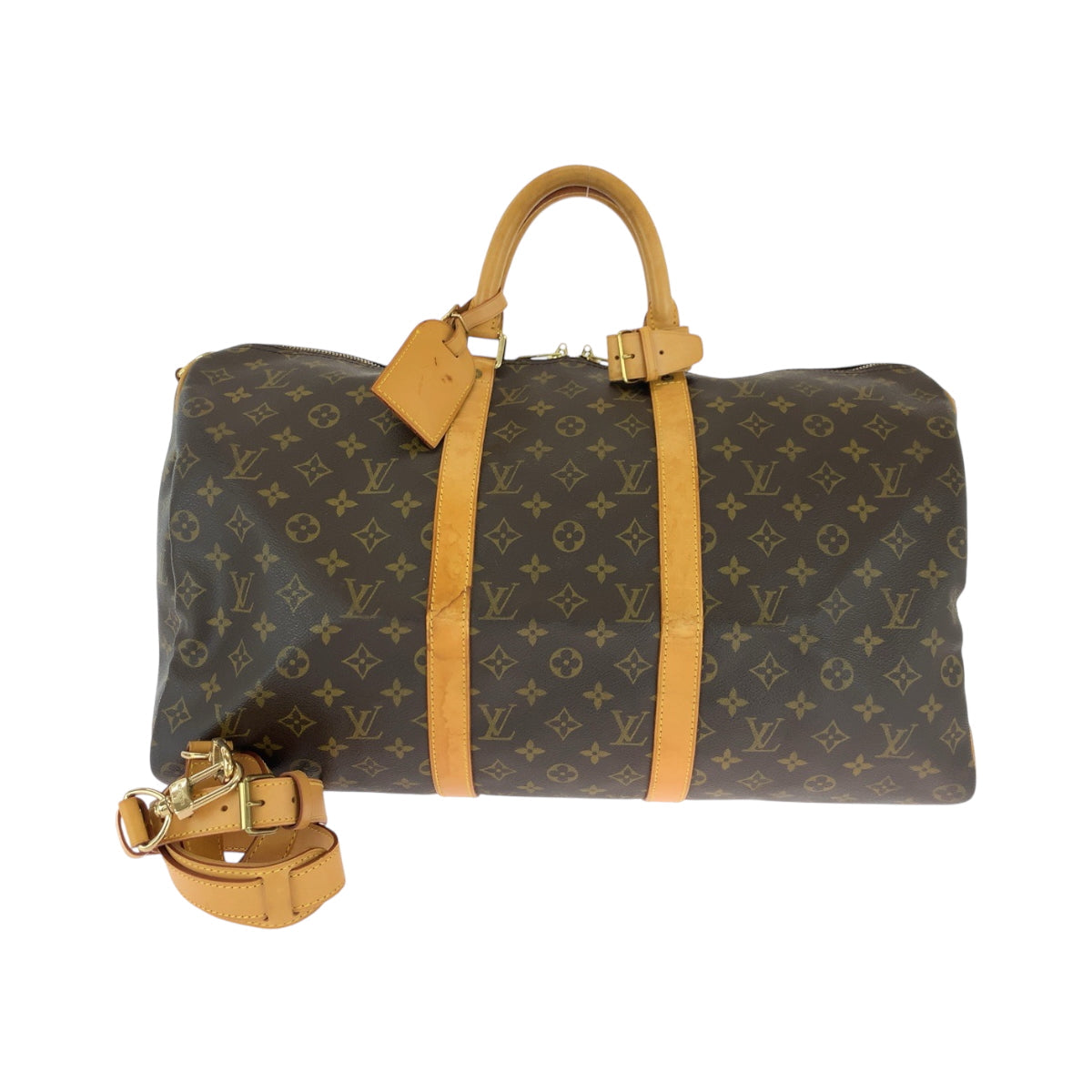 LOUIS VUITTON Shoulder Bag PVC Brown Gold Metal Shoulder Bag Boston Duffel bag 2way Monogram Keepall 50 bandouliere mens(Unisex)