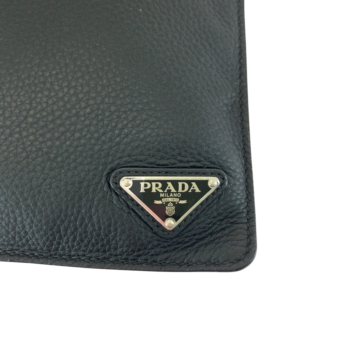 PRADA Clutch bag leather Black SilverMetal Clutch bag business bag Vitello City Triangle With logo mens