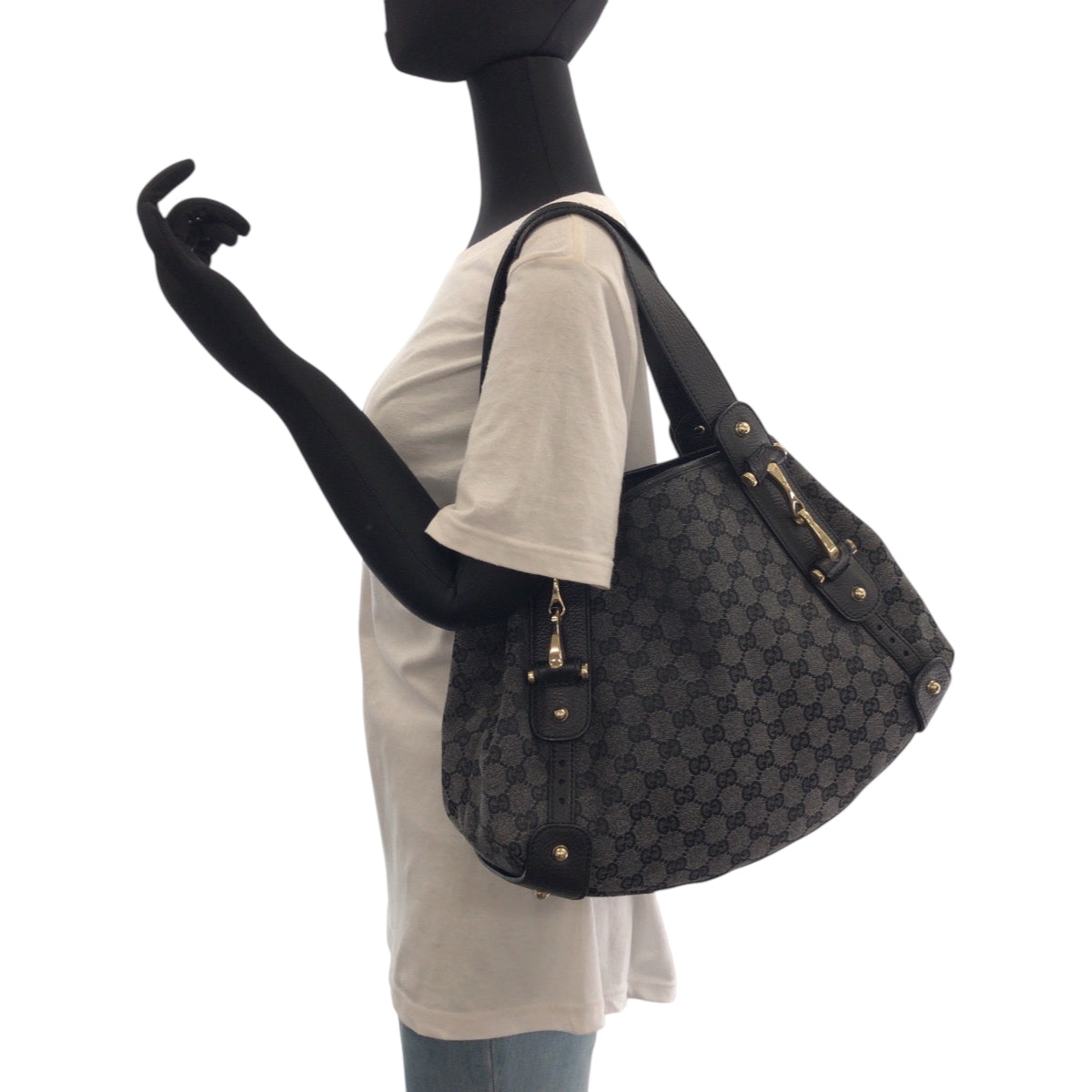 GUCCI Tote Bag 292927 GG canvas Black, Gray, Gold Metal Tote Bag Handbag Shoulder Bag Horsebit Women