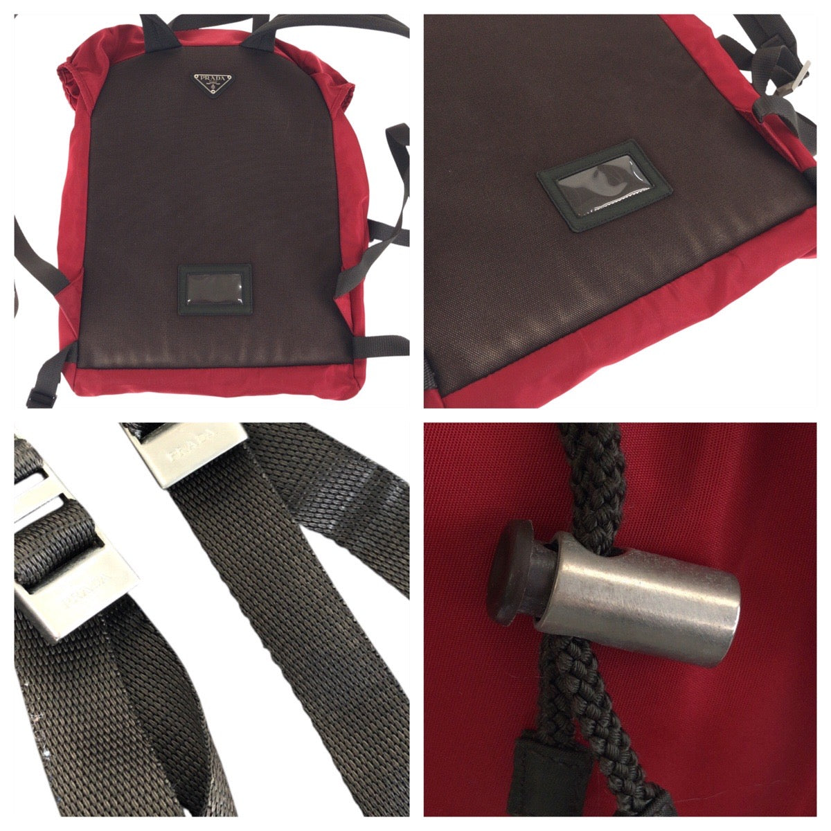 PRADA Backpack Nylon Red Khaki SilverMetal Backpack Daypack Test Triangle With logo mens