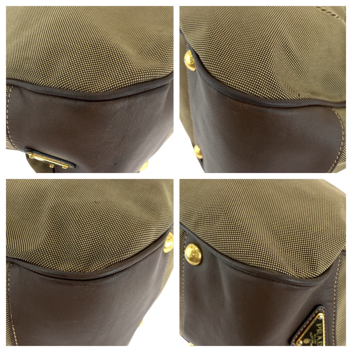 PRADA Shoulder Bag Canvas, Leather Brown Gold Metal Hobo Shoulder Bag Logo jacquard Women