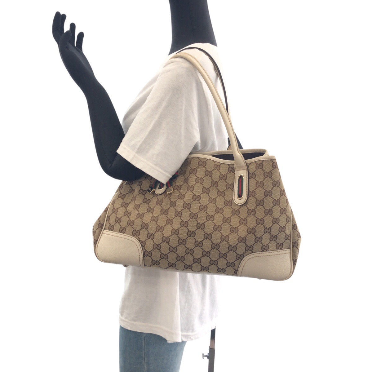GUCCI Tote Bag 168805 GG canvas, leather Beige Ivory Gold Metal Tote Bag Shoulder Bag Sherry line Women