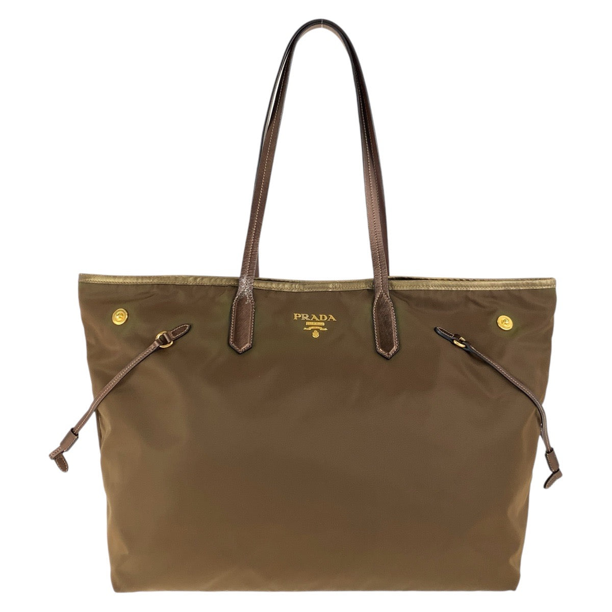 PRADA Tote Bag Nylon, Leather Brown Gold Metal Tote Bag Shoulder Bag Testo Saffiano Triangle With logo Women