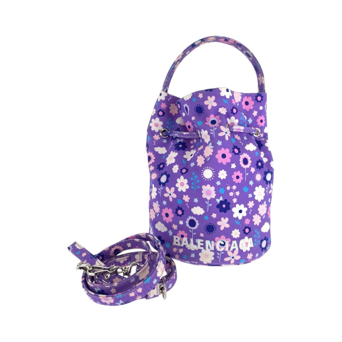 BALENCIAGA Shoulder Bag 656682 Ikat nylon canvas Purple Multicolor SilverMetal Shoulder Bag Handbag 2way Drawstring Bucket Bag Flower Pu Women