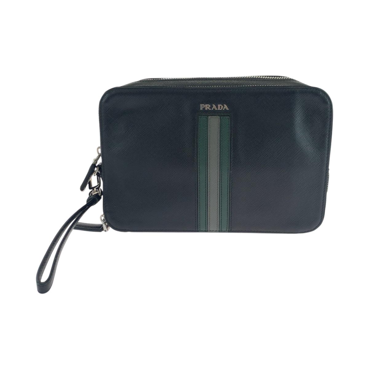 PRADA Clutch bag leather Black SilverMetal Clutch bag business bag Safiano leather logo mens