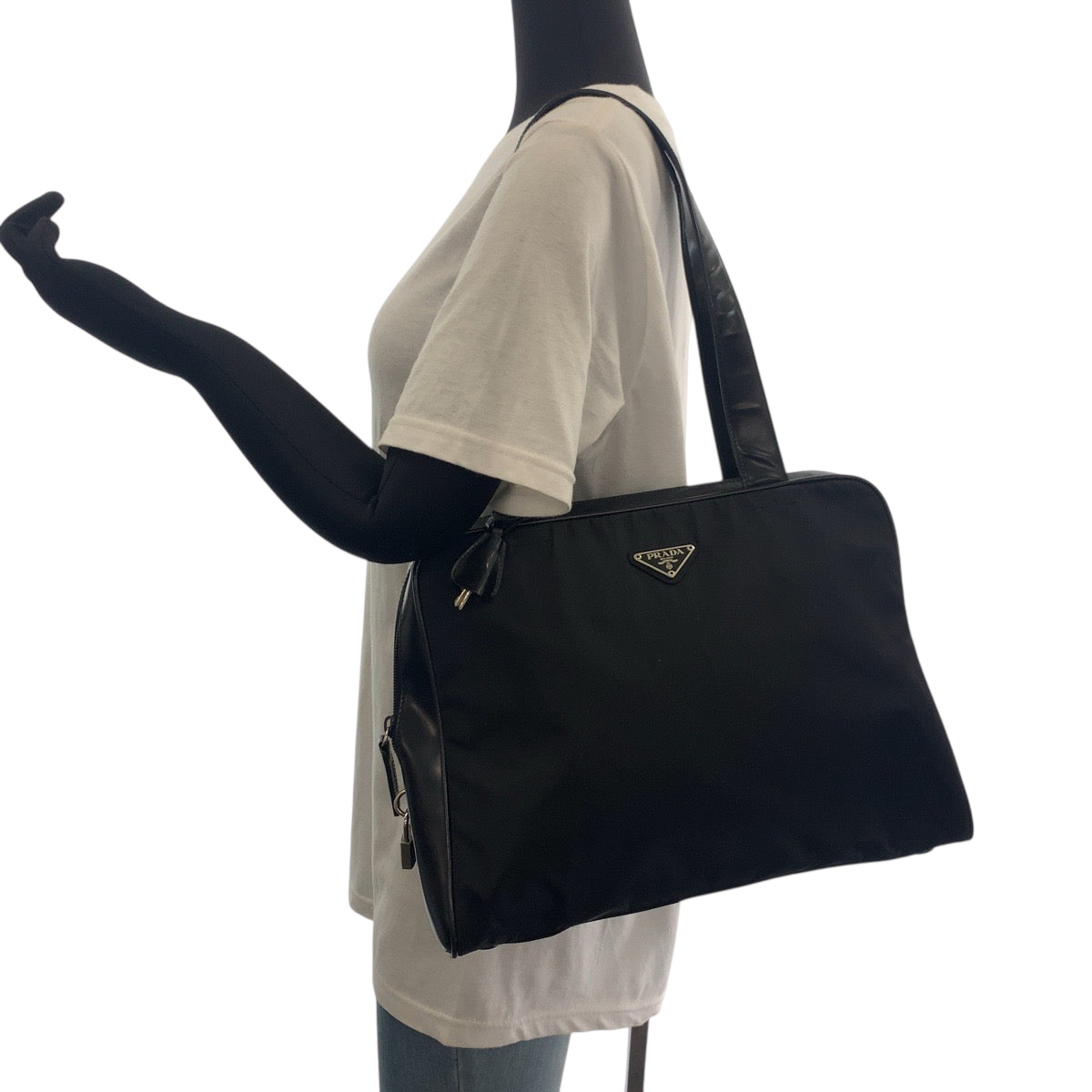 PRADA Tote Bag Nylon Black SilverMetal Tote Bag Shoulder Bag Test Triangle With logo Women