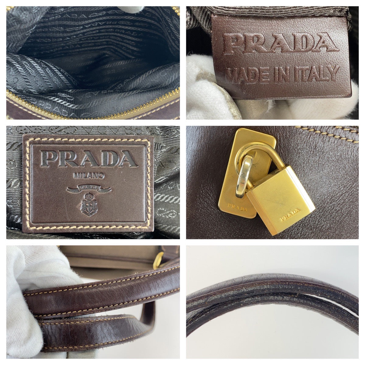 PRADA Shoulder Bag Canvas, Leather Brown Shoulder Bag Handbag Tote Bag Logo jacquard Women