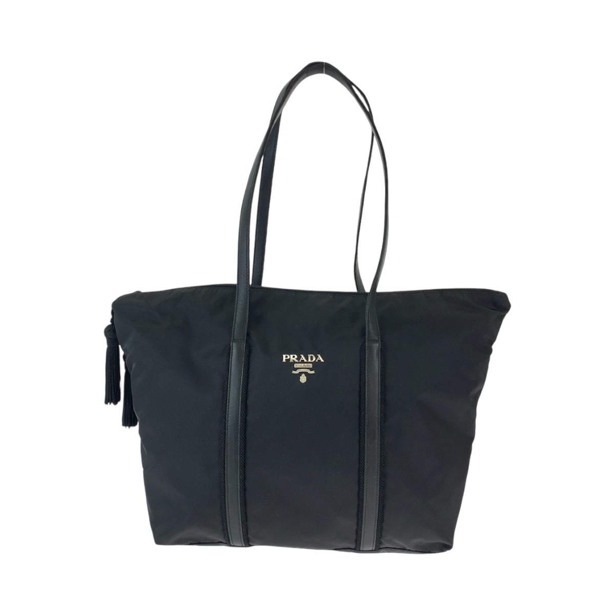 PRADA Tote Bag Nylon Black SilverMetal Tote Bag Shoulder Bag Test Triangle With logo Fringe Women