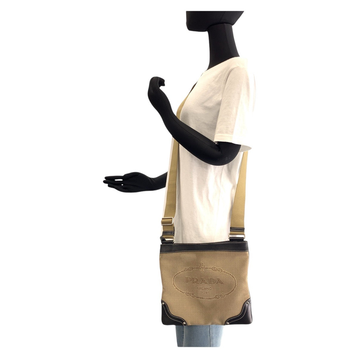 PRADA Shoulder Bag Canvas, Leather Beige Black SilverMetal Shoulder Bag Messenger bag Logo jacquard Women