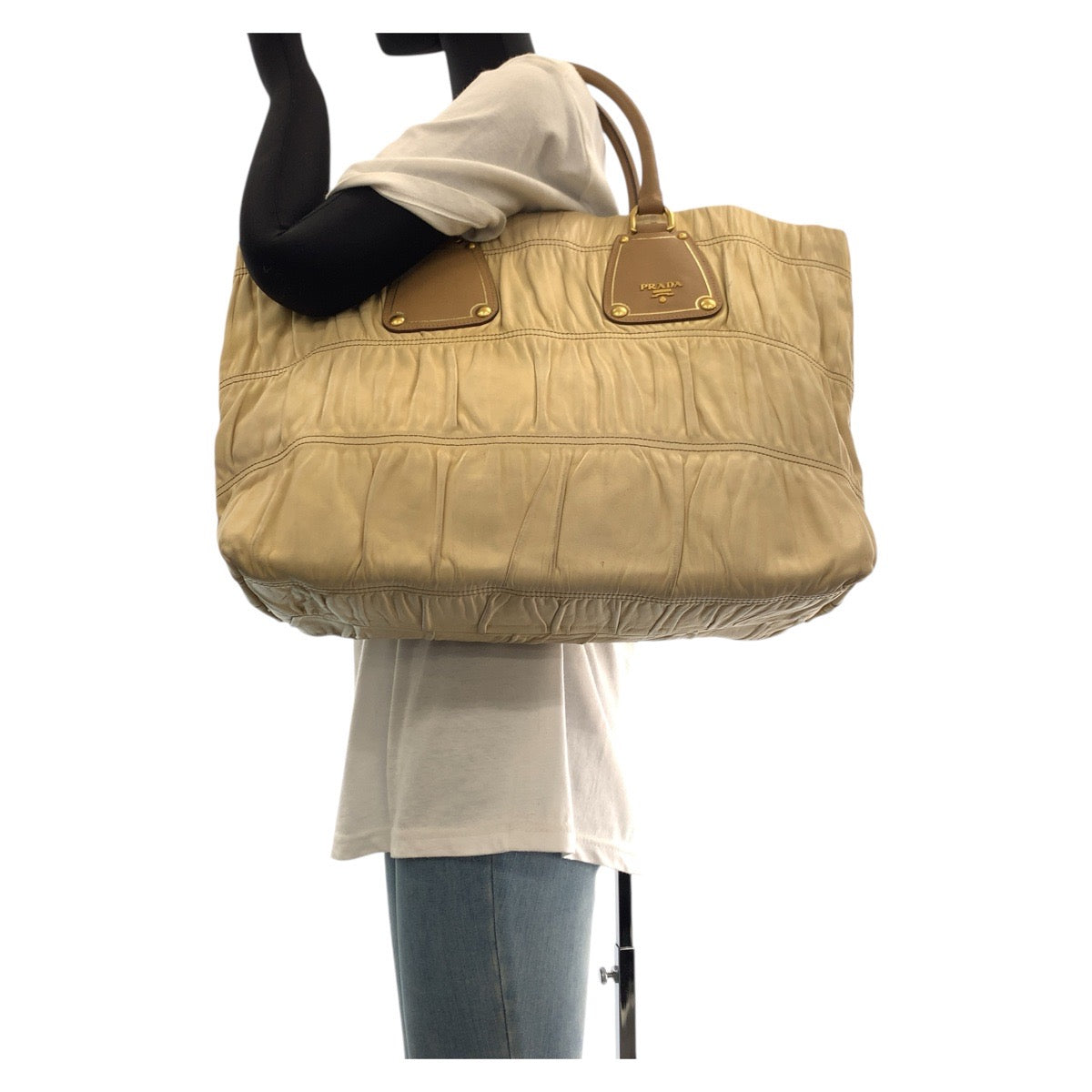 PRADA Tote Bag leather Beige Gold Metal Tote Bag Shoulder Bag Safiano Women