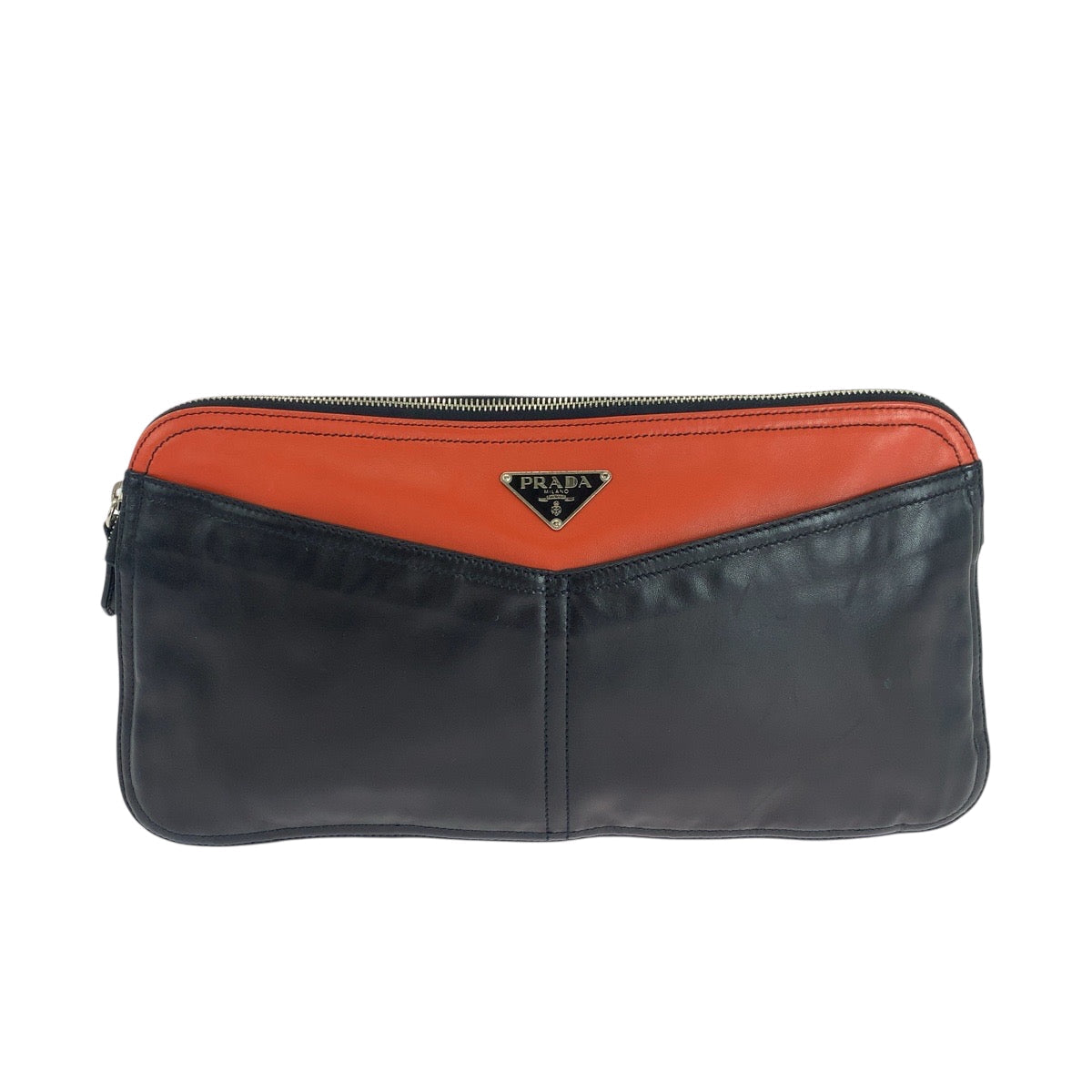 PRADA Clutch bag leather Black Orange SilverMetal Clutch bag business bag Triangle With logo Women