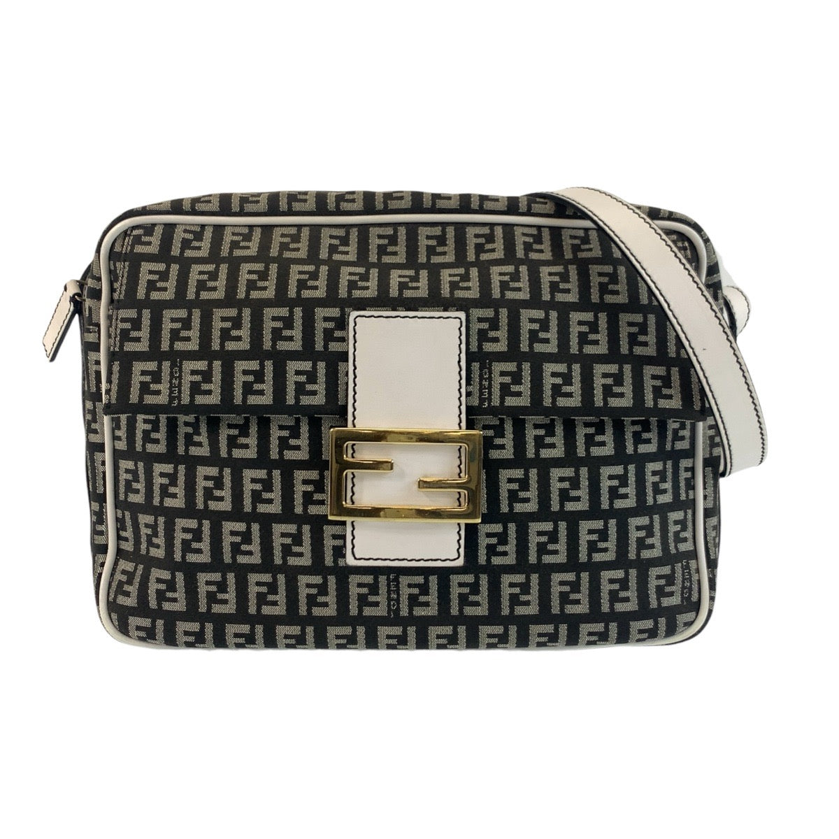 FENDI Shoulder Bag Canvas, Leather Black White Gold Metal Shoulder Bag pochette Zucchino Mamma Women