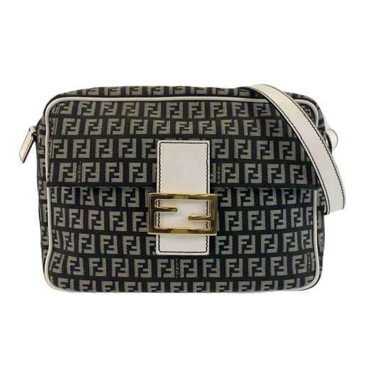 FENDI Shoulder Bag Canvas, Leather Black White Gold Metal Shoulder Bag pochette Zucchino Mamma Women