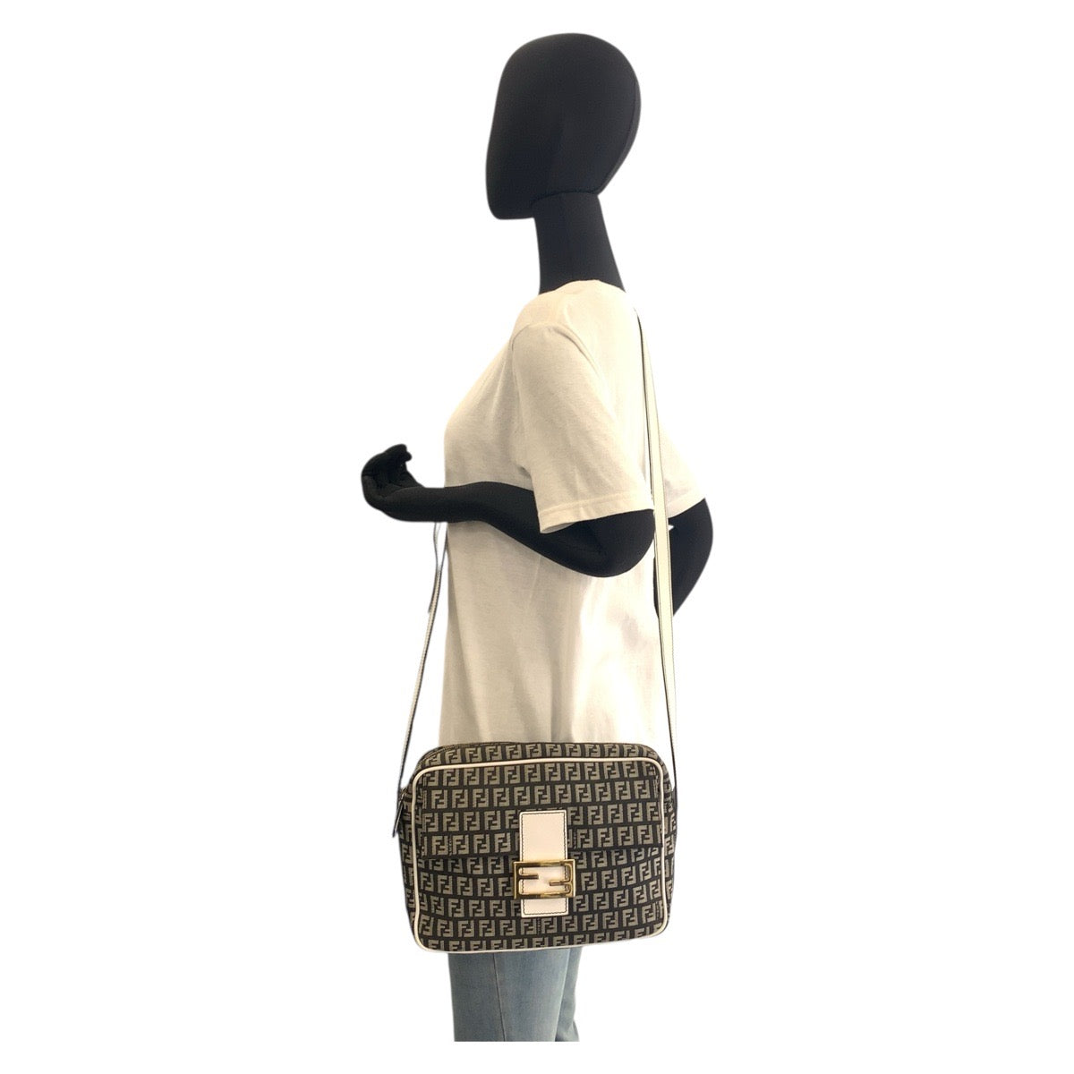 FENDI Shoulder Bag Canvas, Leather Black White Gold Metal Shoulder Bag pochette Zucchino Mamma Women