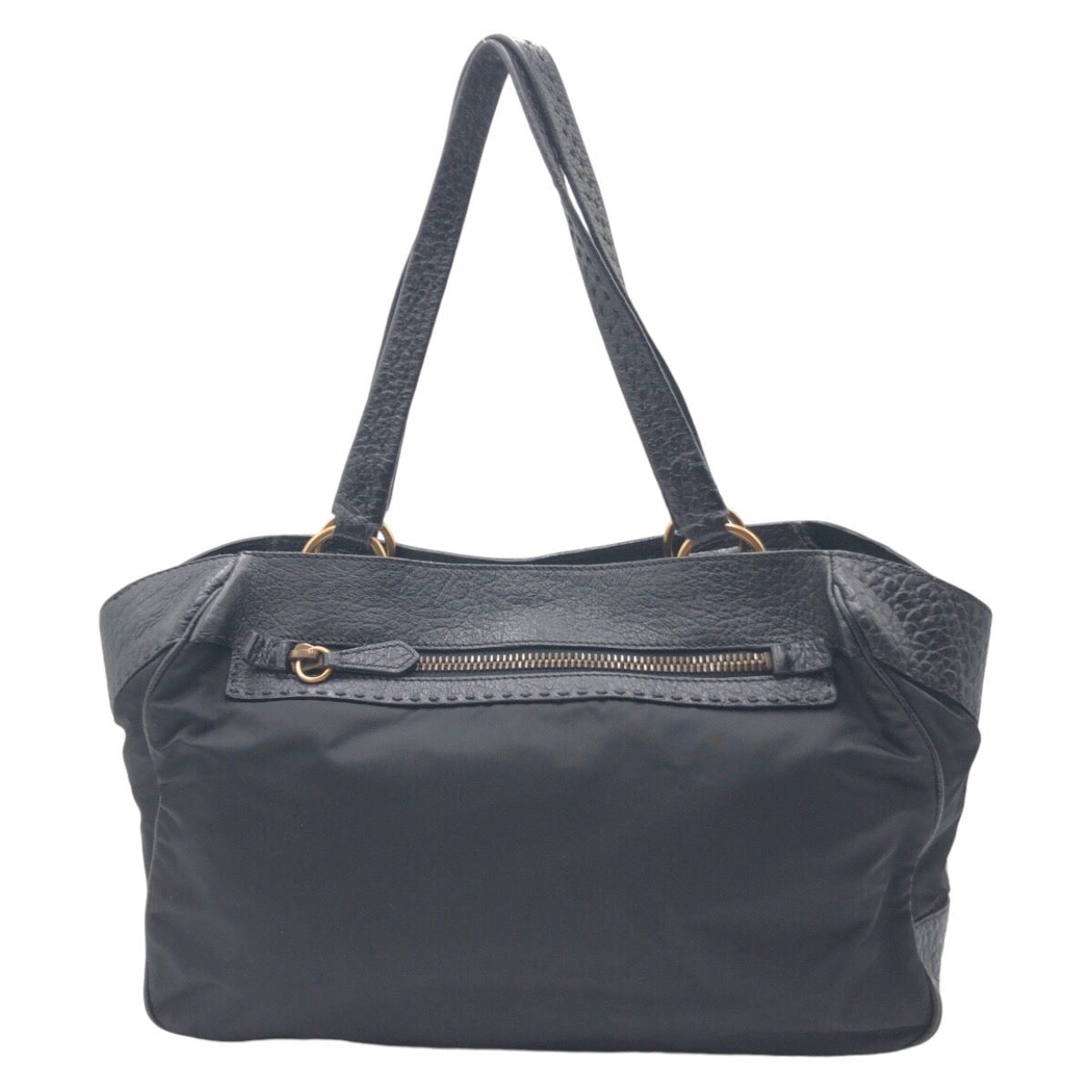 PRADA Shoulder Bag Nylon, Leather black Tote Bag Shoulder Bag Vitello Dino Tessuto Triangular logo Women