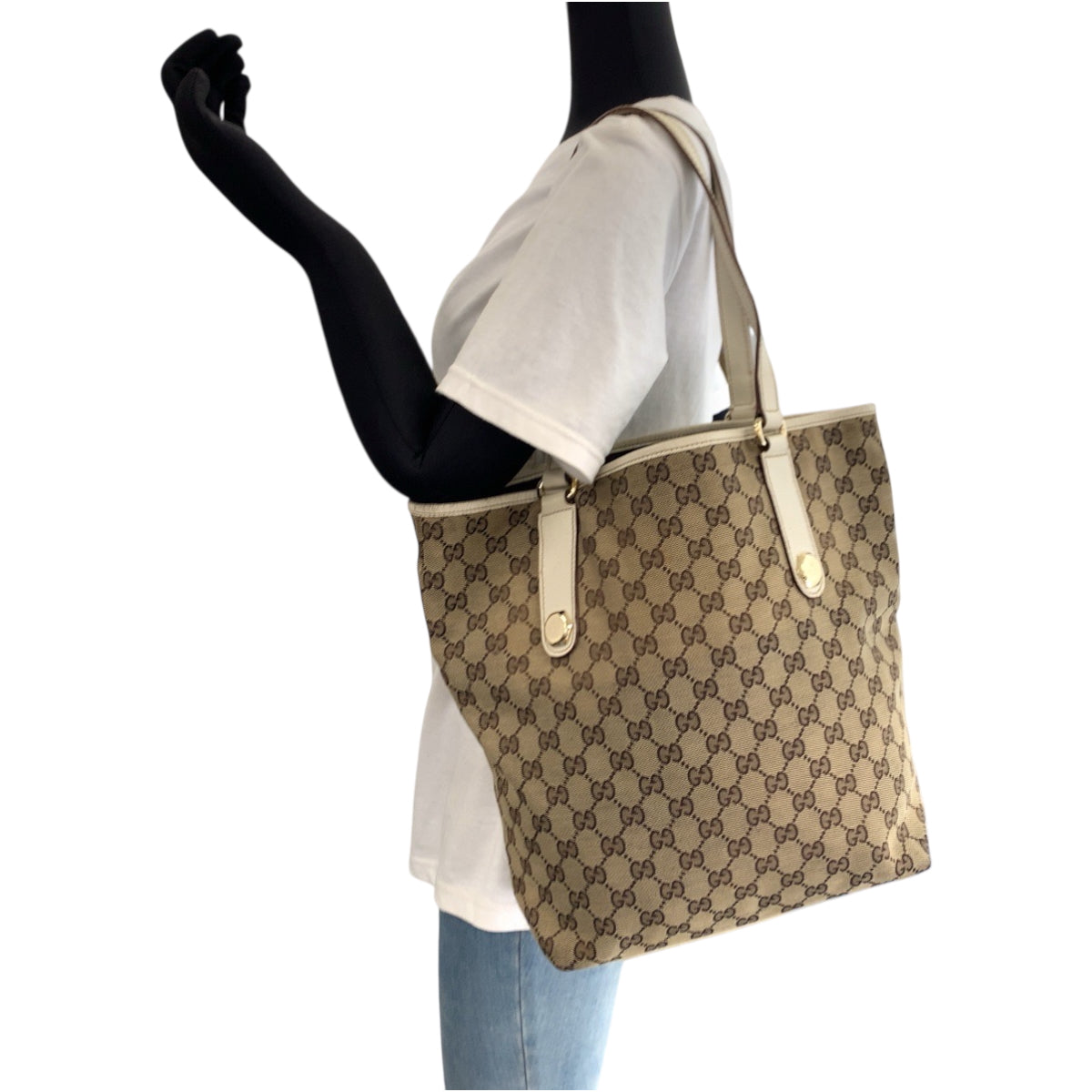 GUCCI Tote Bag 153009 GG canvas Beige White Gold Metal Tote Bag Shoulder Bag Women