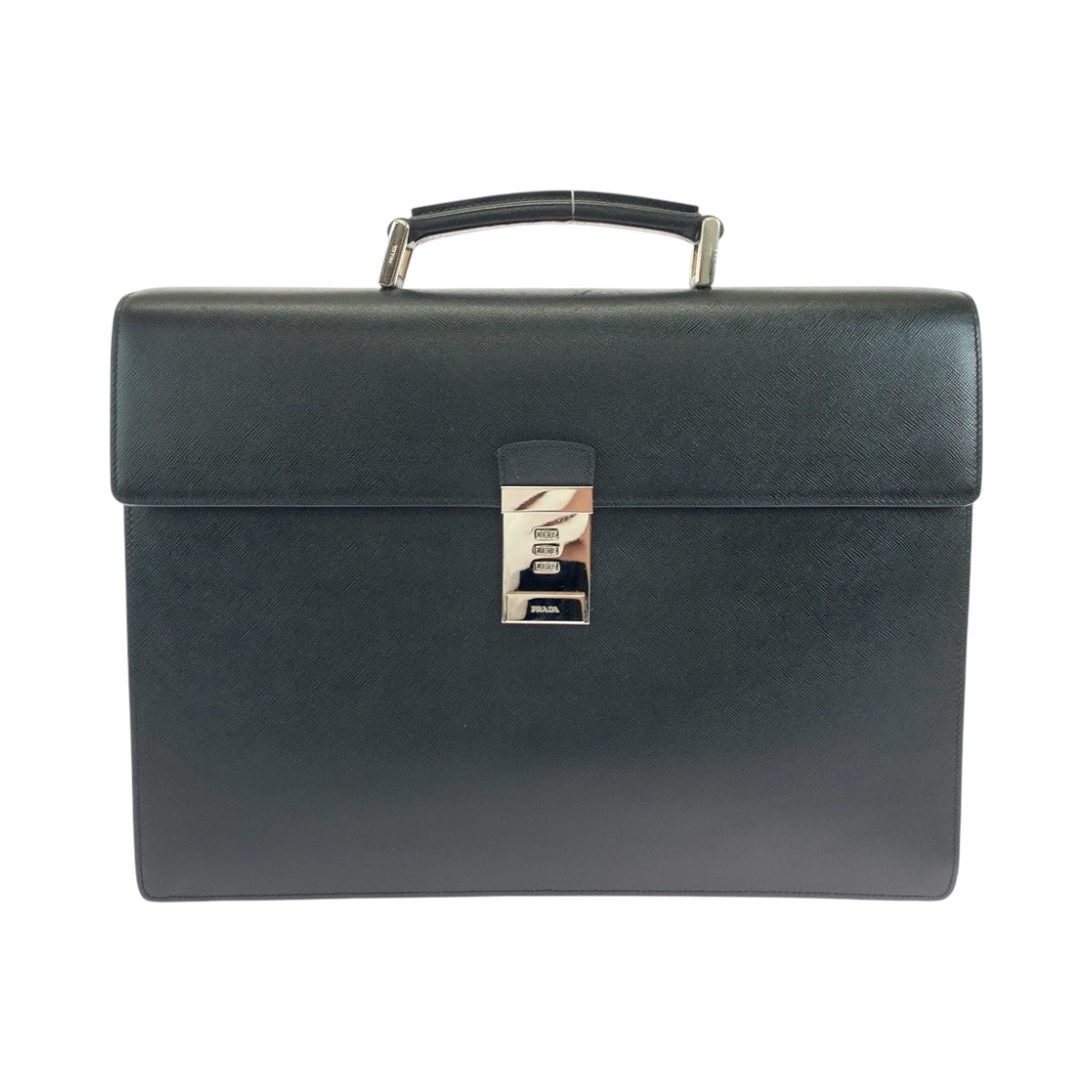 PRADA Business bag leather Black SilverMetal Business bag handbag Safiano logo mens