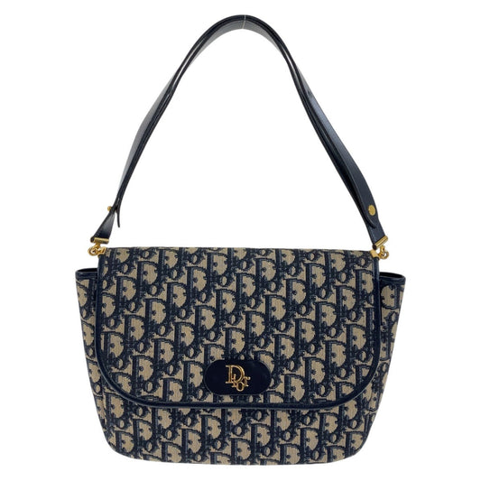 Christian Dior Shoulder Bag canvas Navy Gold Metal Trotter