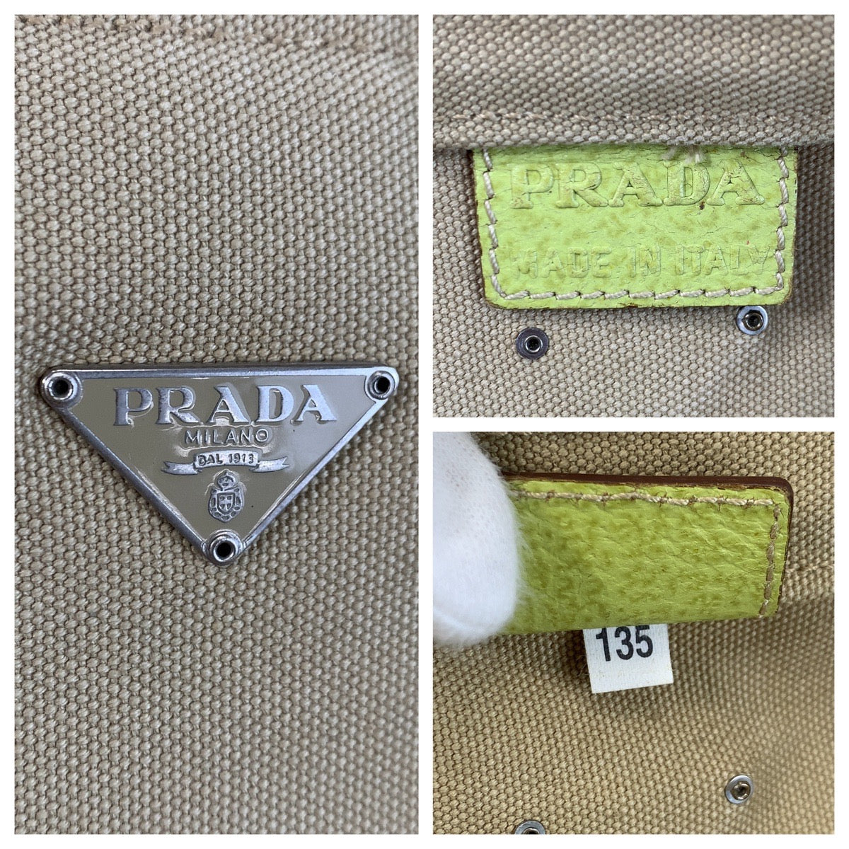 Prada Triangle Logo Plate Canvas/Leather Tote Bag