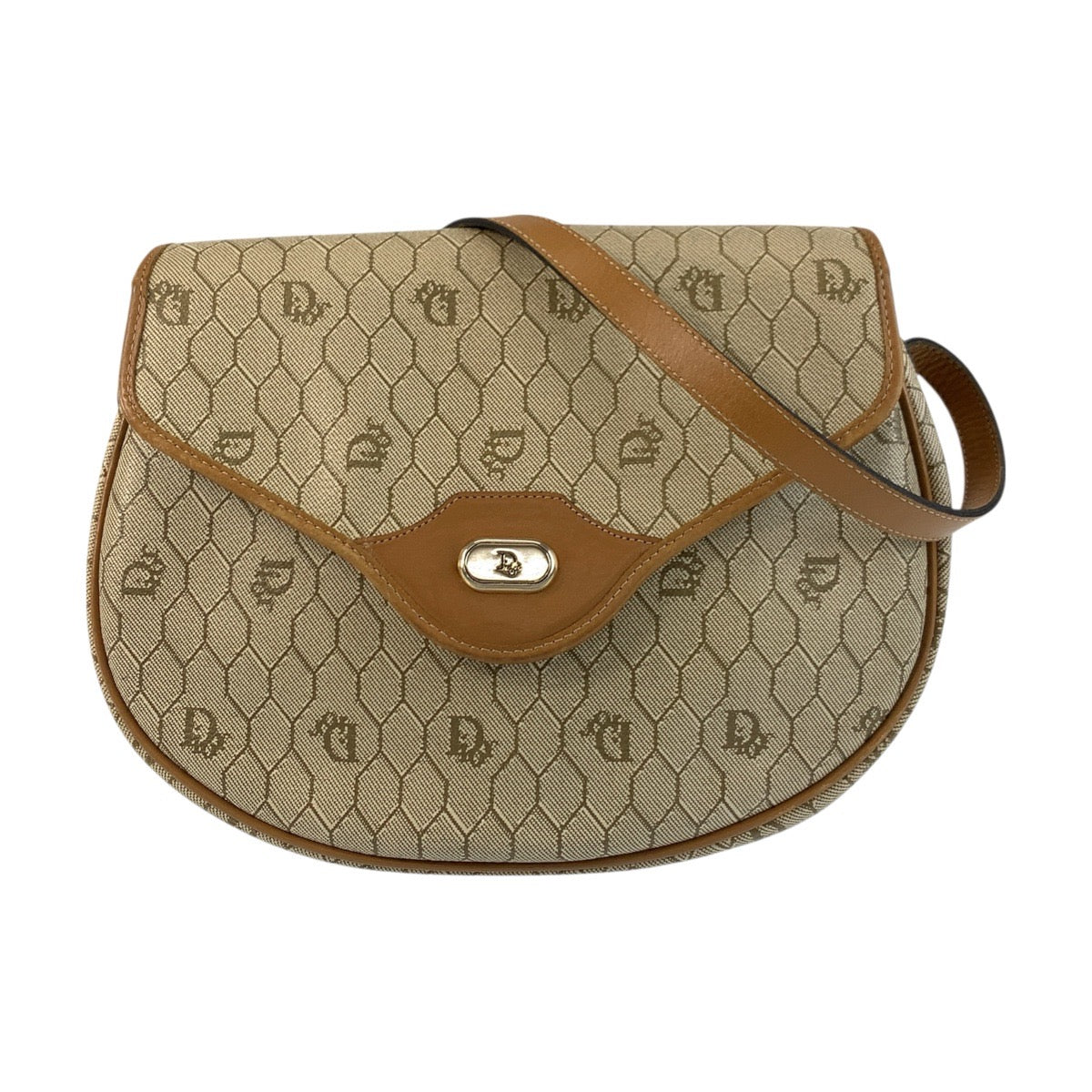 Christian Dior Shoulder Bag PVC Beige Brown Gold Metal Honeycomb Pattern