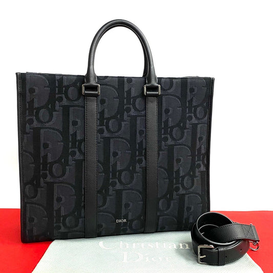 Dior Tote Bag Leather, Canvas black Trotter Pattern East West mens