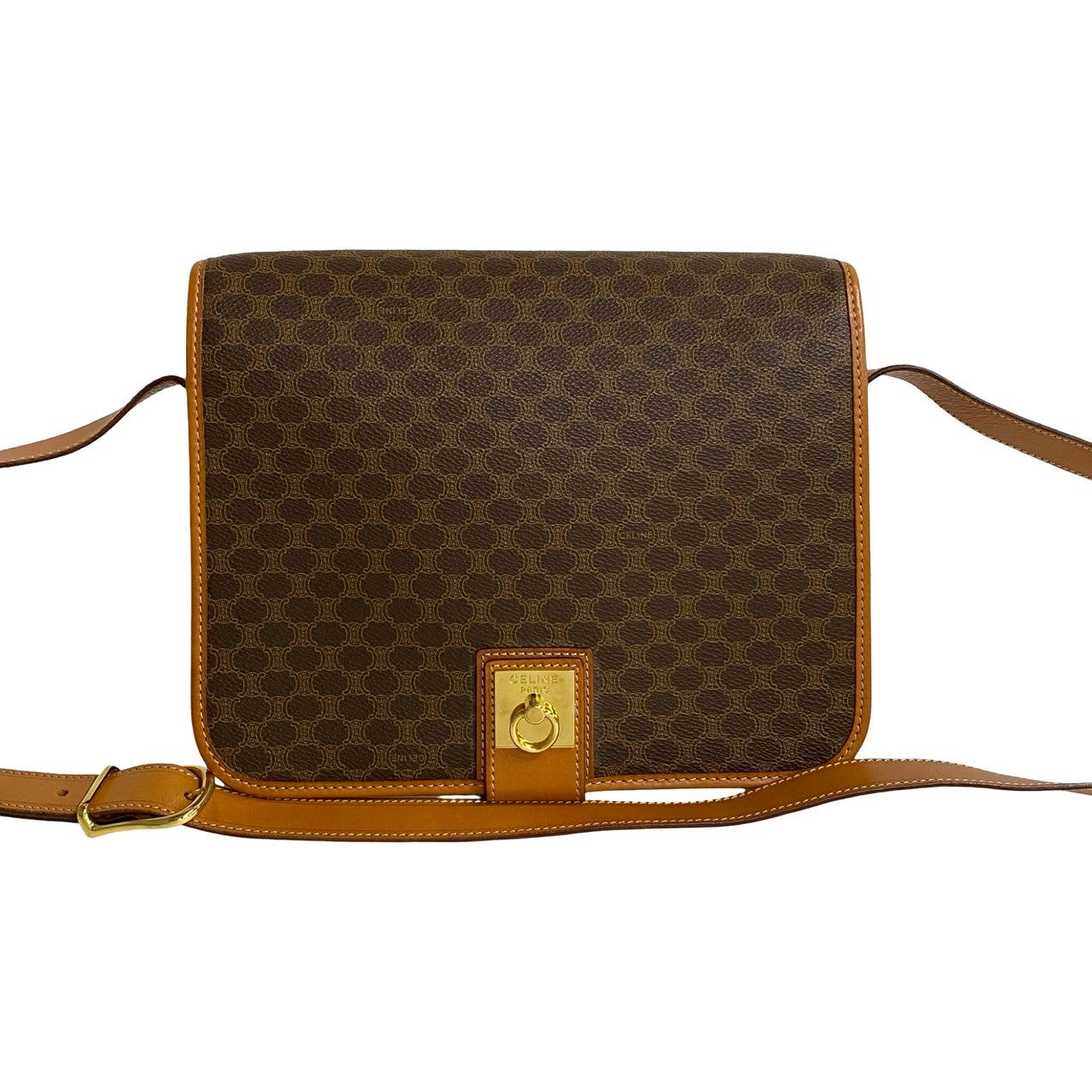 CELINE Shoulder Bag Leather, PVC Brown Macadam Blason Triomphe Pattern logo ring Metal mens(Unisex)