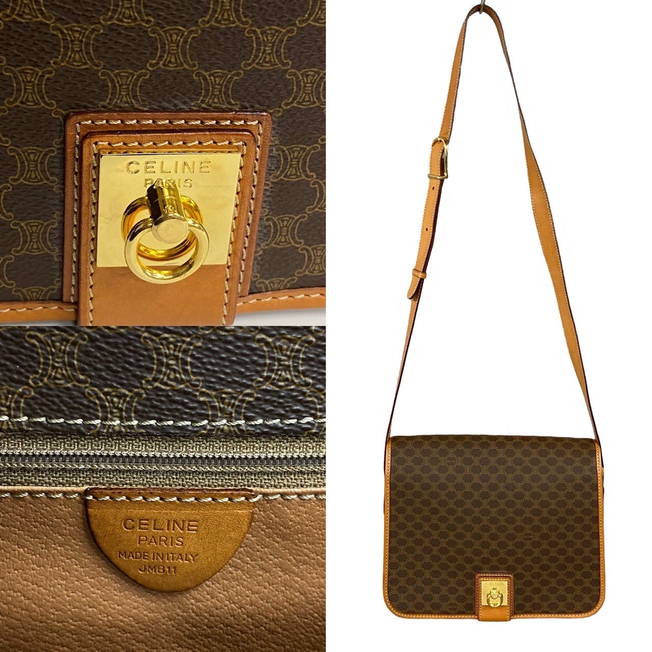 CELINE Shoulder Bag Leather, PVC Brown Macadam Blason Triomphe Pattern logo ring Metal mens(Unisex)