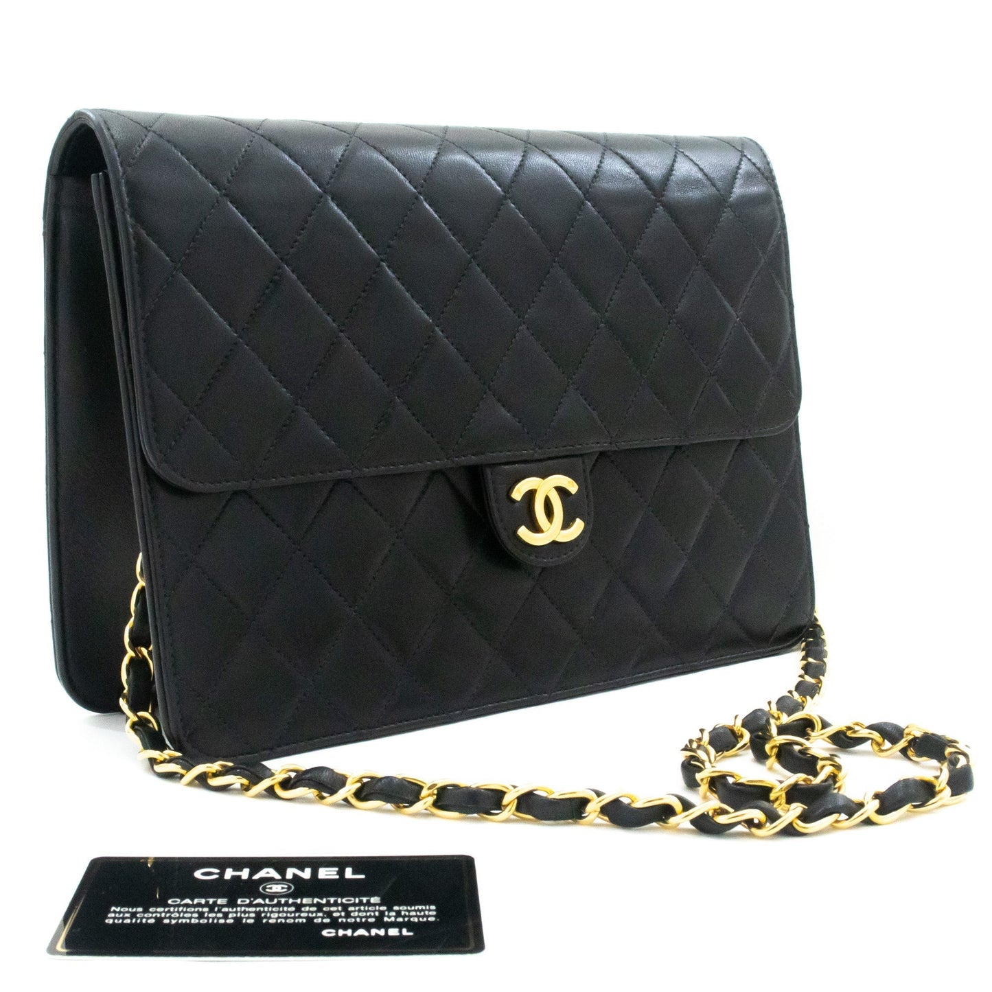 CHANEL Chain Shoulder Bag Clutch Black Quilted Flap Lambskin Purse