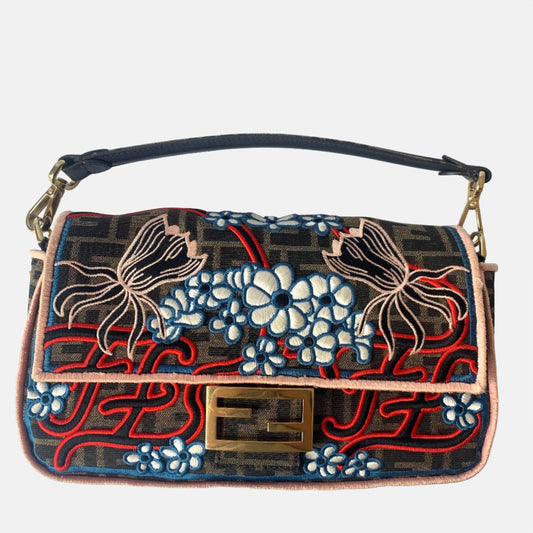 Fendi Baguette Medium Zucca Print with Floral Embroidery Crossbody Bag