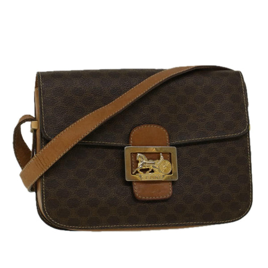 Luxury CELINE Macadam Canvas Horse Carriage Shoulder Bag PVC Leather Brown 56467