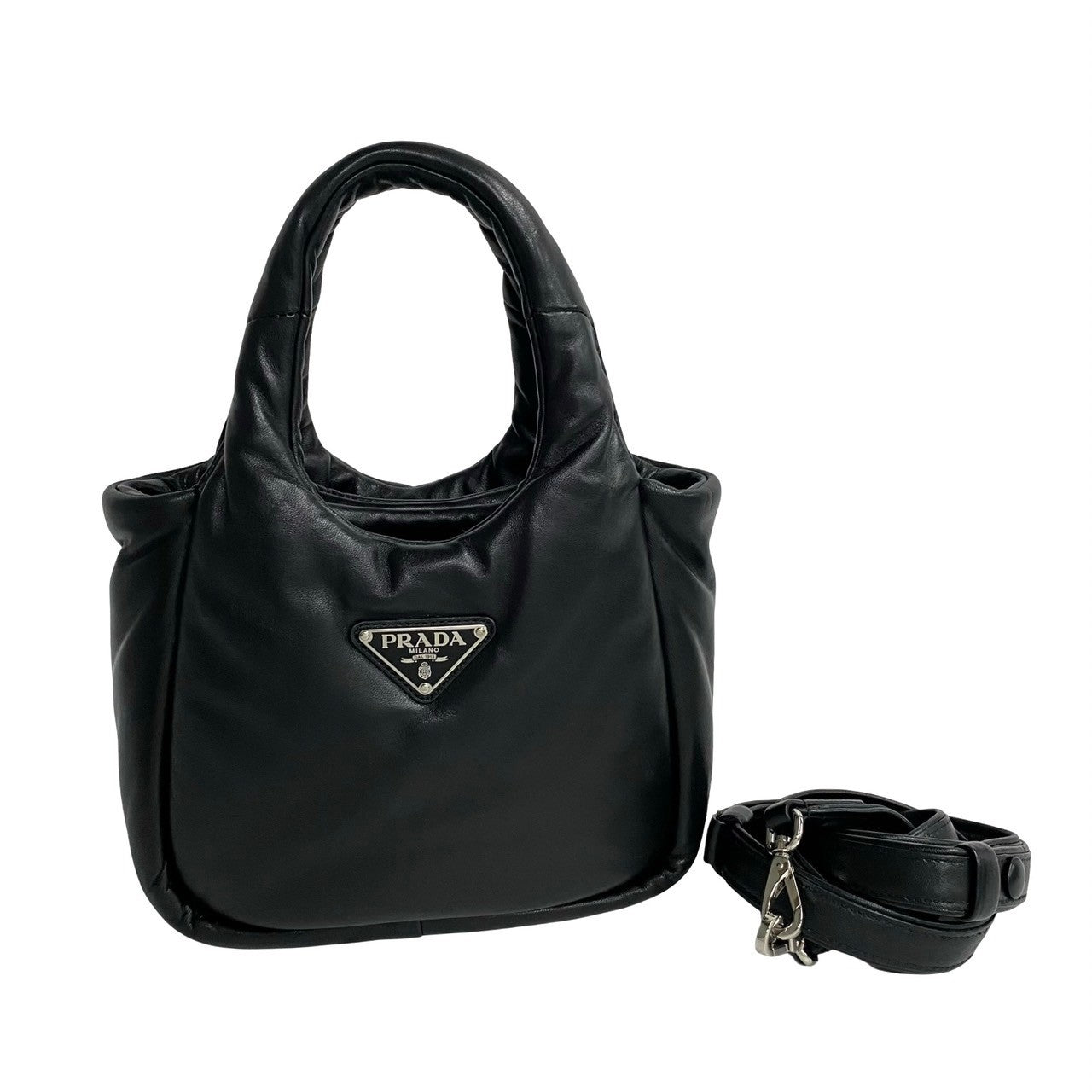 PRADA Shoulder Bag leather black Triangular logo Soft padding Women