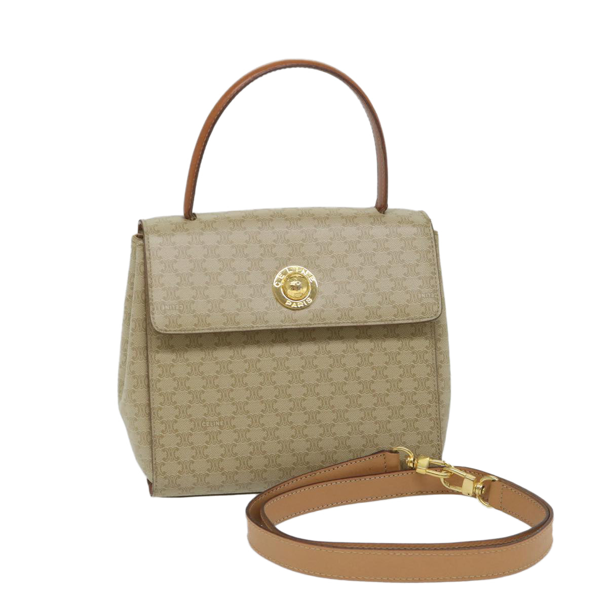 Luxury CELINE Macadam Canvas Hand Bag 2way Beige 57217