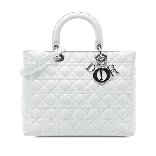 White Dior Large Lambskin Cannage Lady Dior Satchel