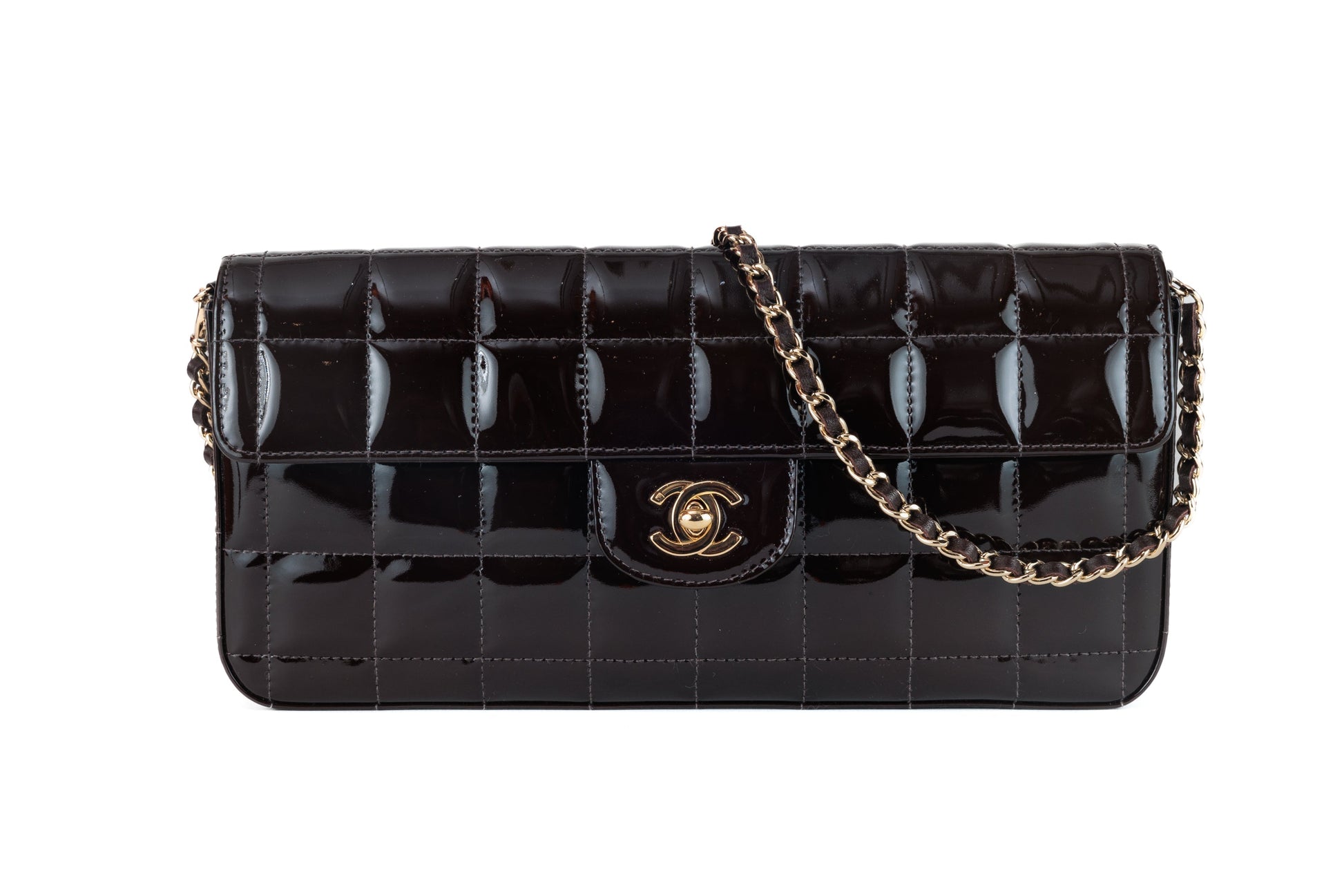 Chanel Brown Patent Leather Chocolate Bar East West Flap Bag with Gold Hardware