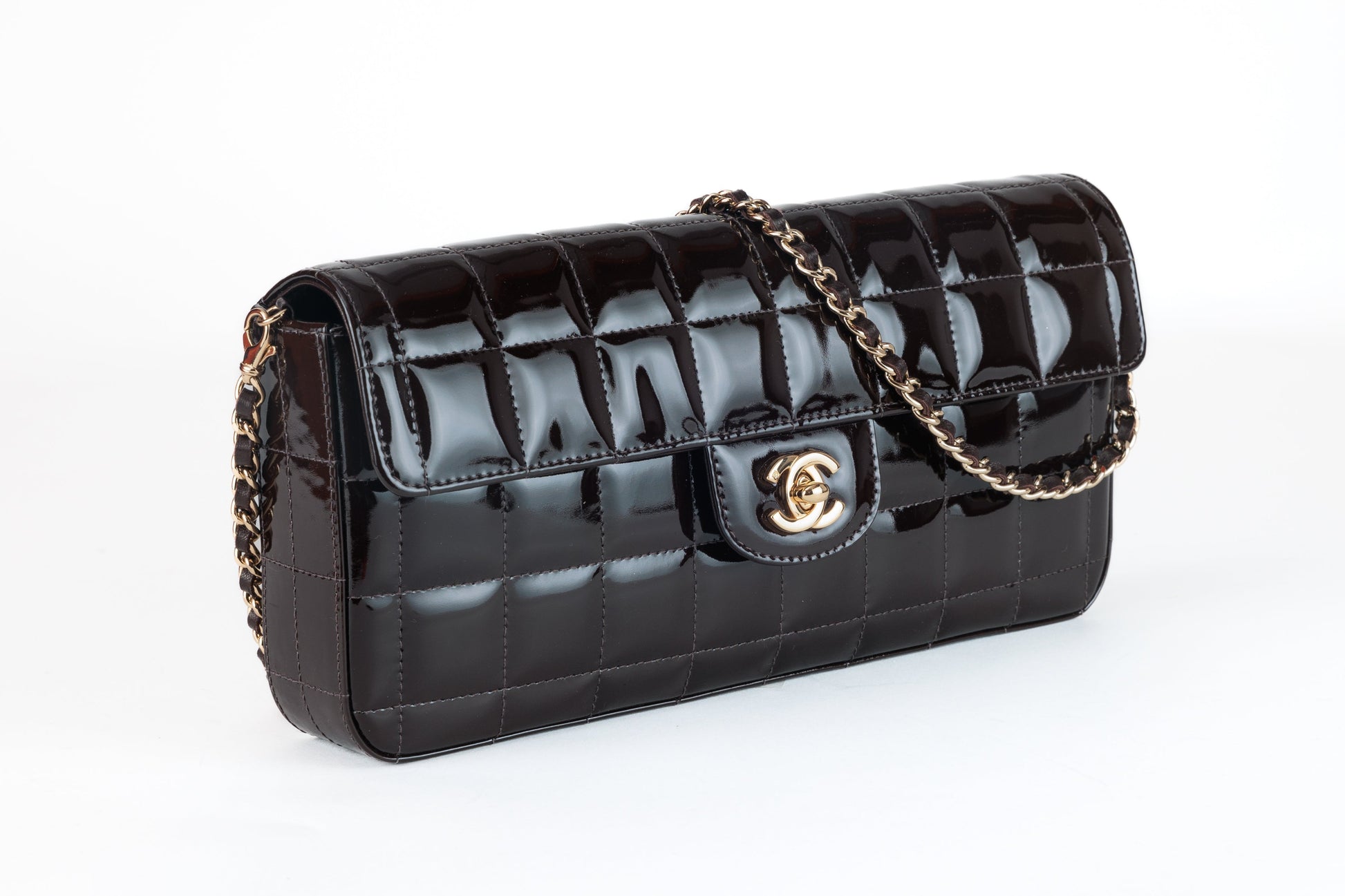 Chanel Brown Patent Leather Chocolate Bar East West Flap Bag with Gold Hardware