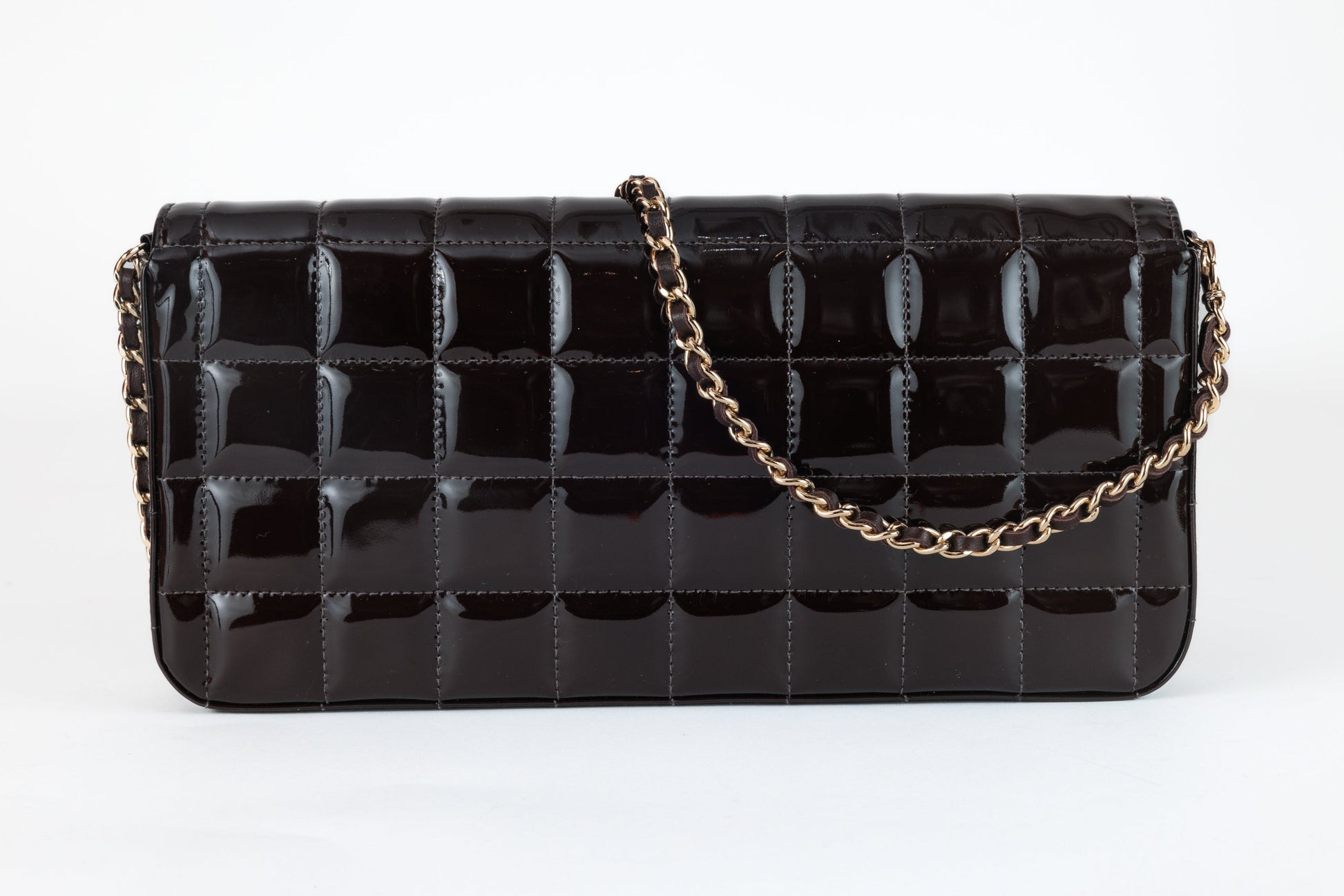 Chanel Brown Patent Leather Chocolate Bar East West Flap Bag with Gold Hardware