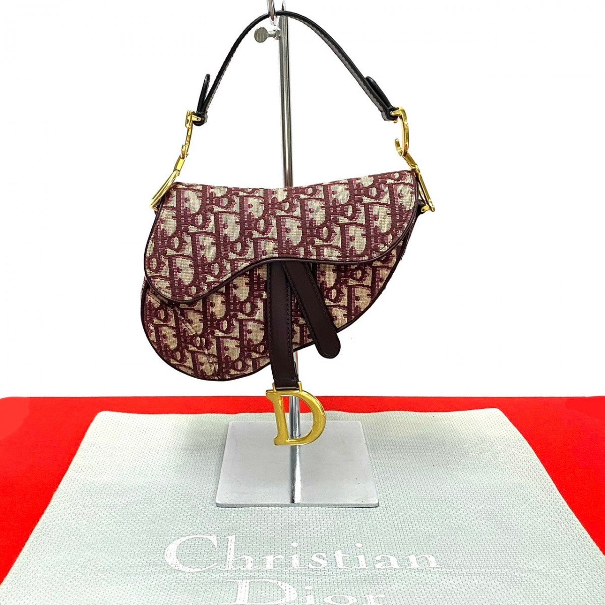 Dior Handbag Leather, Canvas Red Trotter Pattern Saddle bag Women