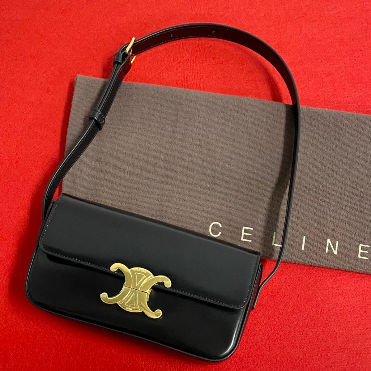 CELINE Shoulder Bag leather black Triomphe Claude