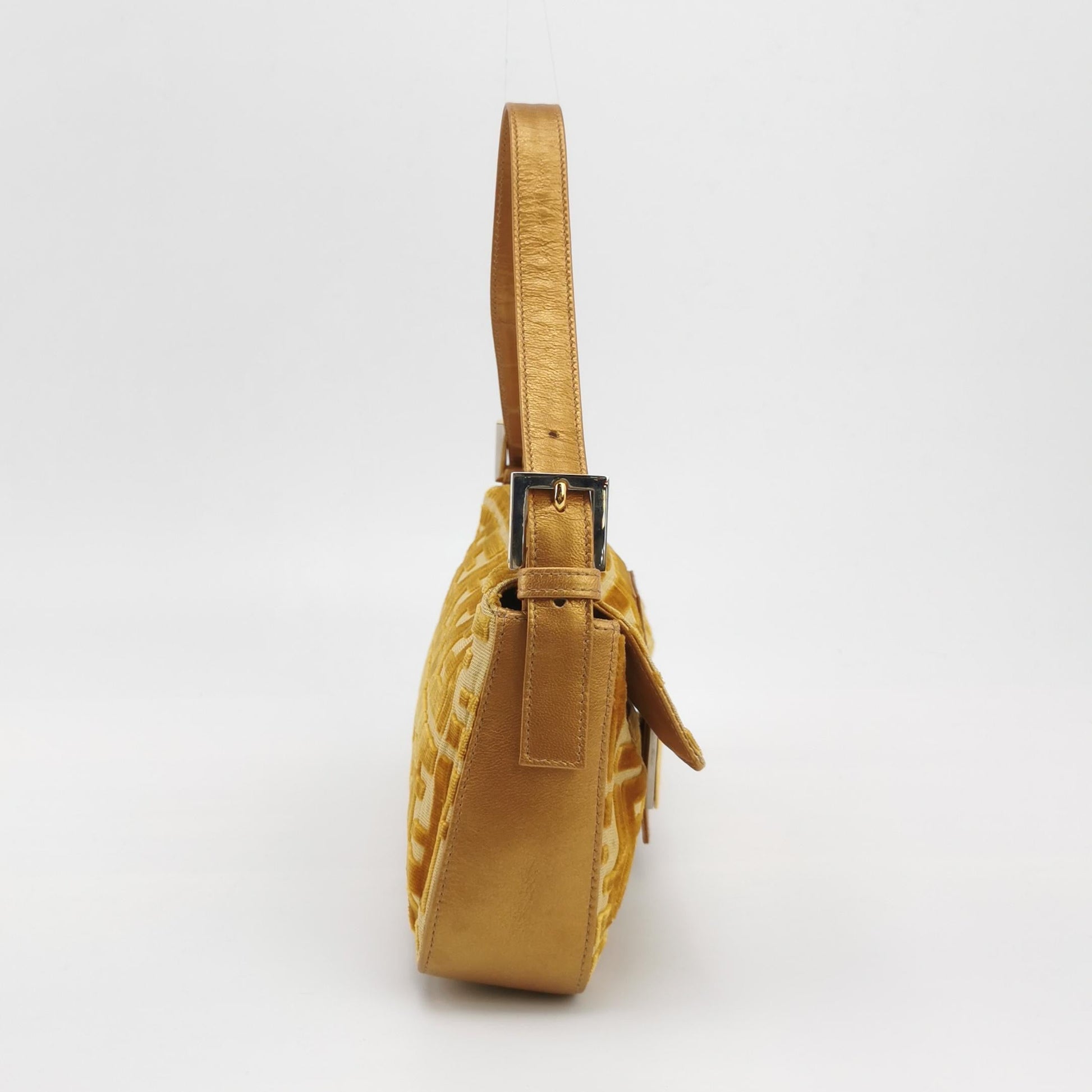 FENDI Baguette Gold FF Monogram Velvet Shoulder Bag