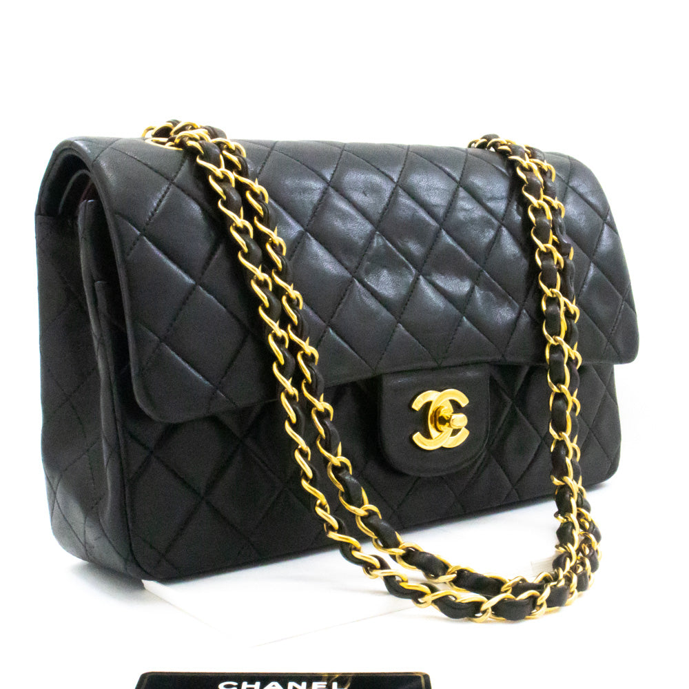 CHANEL Classic Double Flap 10" Chain Shoulder Bag Black Lambskin